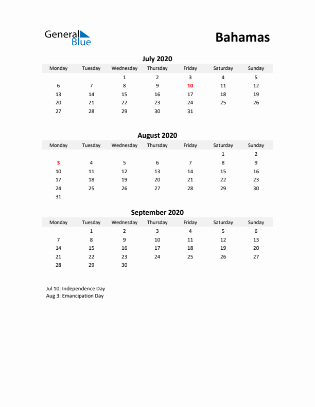 Printable Quarterly Calendar with Notes and Bahamas Holidays- Q3 of 2020