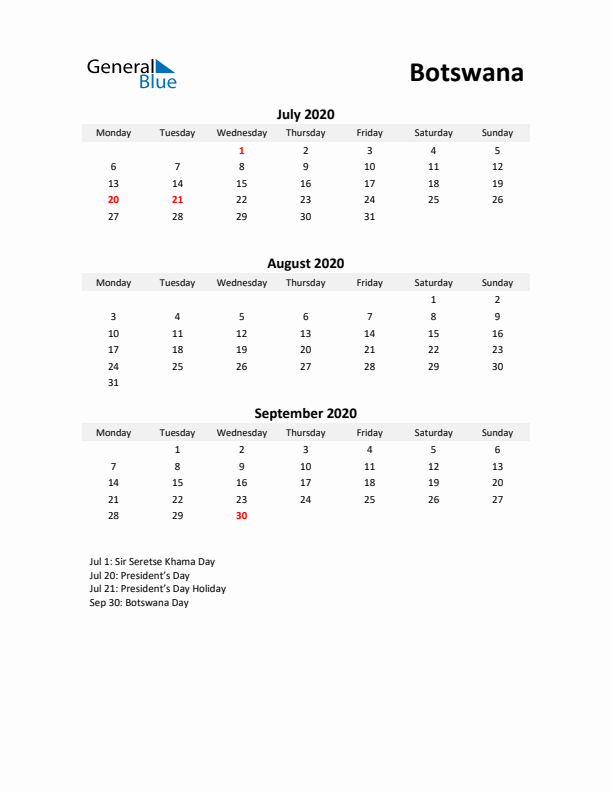 Printable Quarterly Calendar with Notes and Botswana Holidays- Q3 of 2020