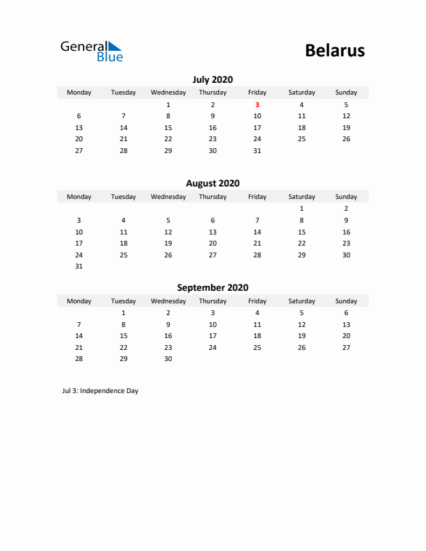 Printable Quarterly Calendar with Notes and Belarus Holidays- Q3 of 2020