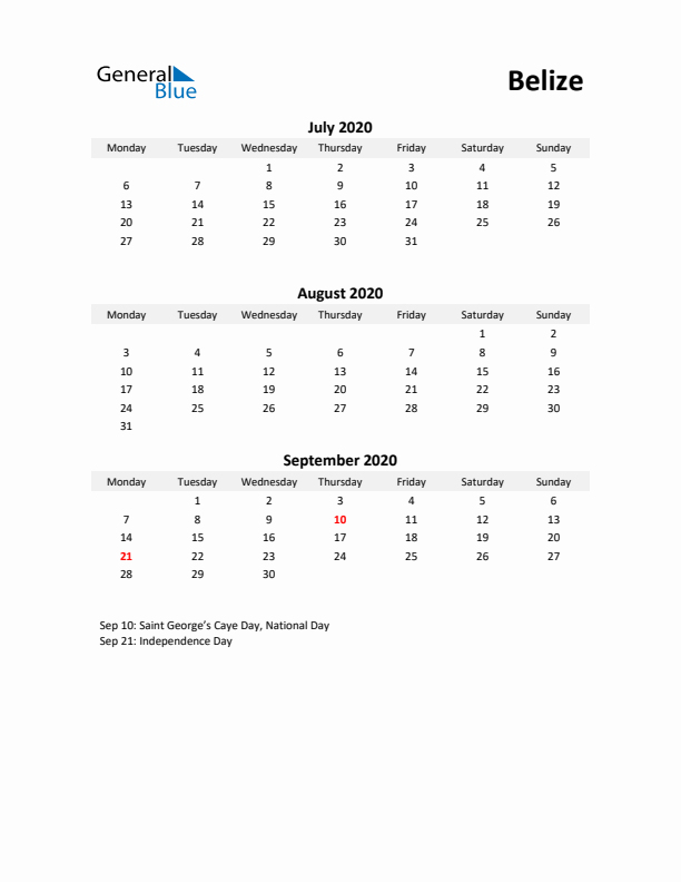 Printable Quarterly Calendar with Notes and Belize Holidays- Q3 of 2020