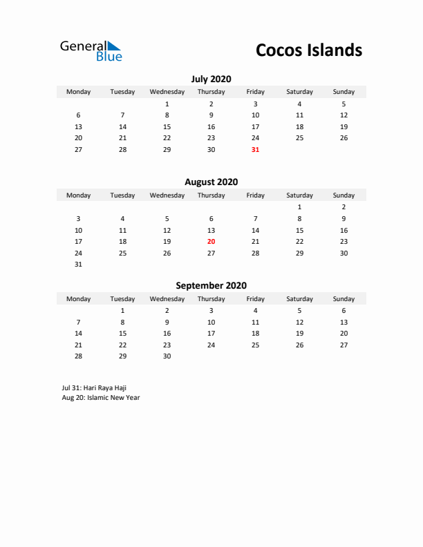 Printable Quarterly Calendar with Notes and Cocos Islands Holidays- Q3 of 2020