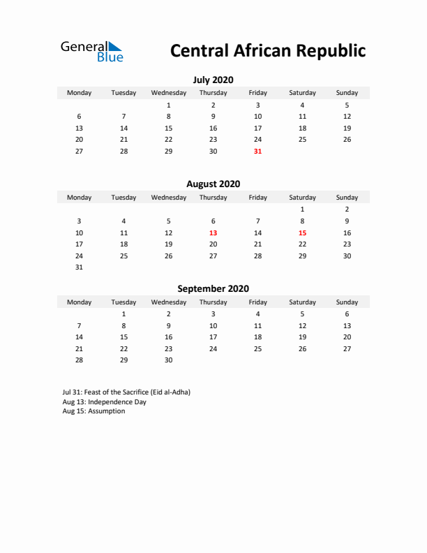 Printable Quarterly Calendar with Notes and Central African Republic Holidays- Q3 of 2020