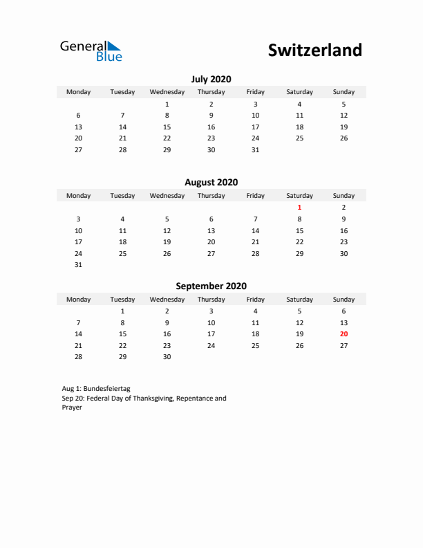 Printable Quarterly Calendar with Notes and Switzerland Holidays- Q3 of 2020