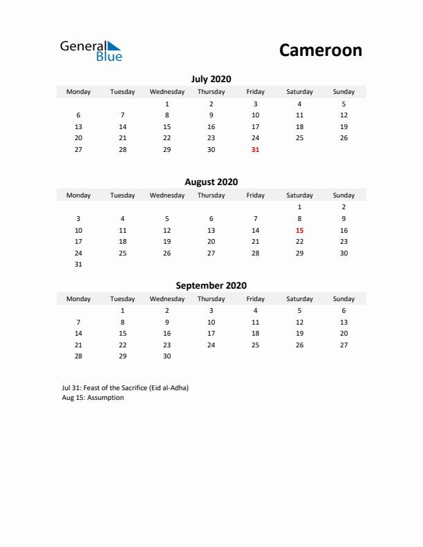 Printable Quarterly Calendar with Notes and Cameroon Holidays- Q3 of 2020