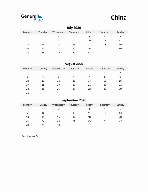 Printable Quarterly Calendar with Notes and China Holidays- Q3 of 2020