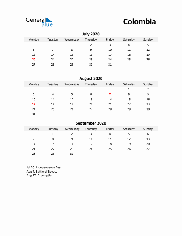 Printable Quarterly Calendar with Notes and Colombia Holidays- Q3 of 2020