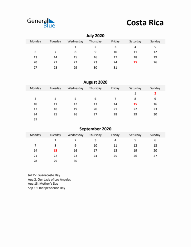 Printable Quarterly Calendar with Notes and Costa Rica Holidays- Q3 of 2020