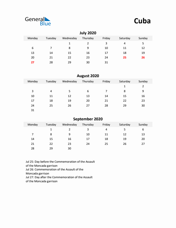 Printable Quarterly Calendar with Notes and Cuba Holidays- Q3 of 2020