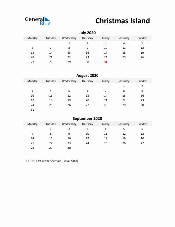 Printable Quarterly Calendar with Notes and Christmas Island Holidays- Q3 of 2020