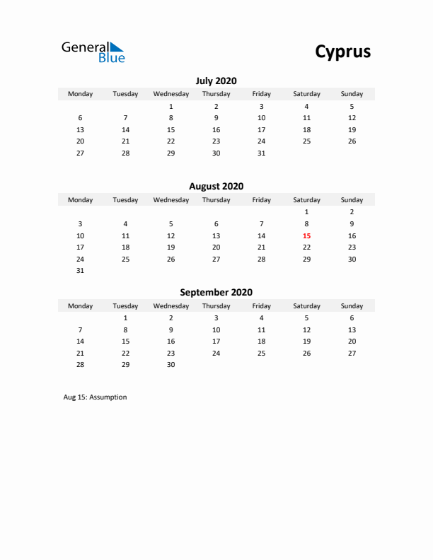 Printable Quarterly Calendar with Notes and Cyprus Holidays- Q3 of 2020