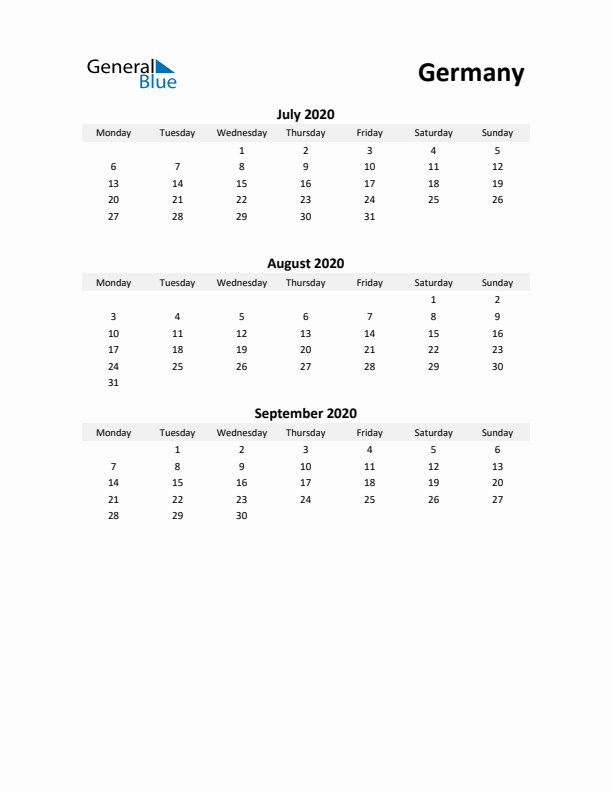 Printable Quarterly Calendar with Notes and Germany Holidays- Q3 of 2020