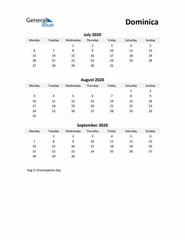 Printable Quarterly Calendar with Notes and Dominica Holidays- Q3 of 2020