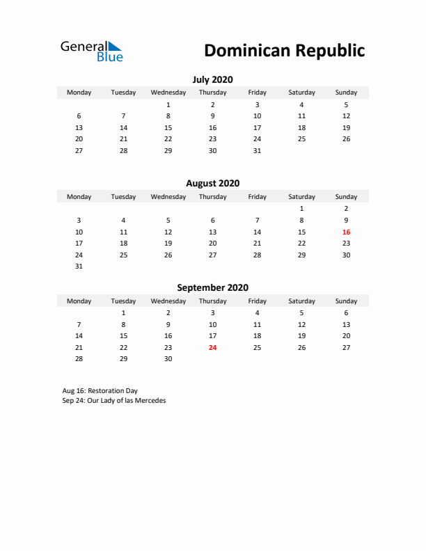 Printable Quarterly Calendar with Notes and Dominican Republic Holidays- Q3 of 2020