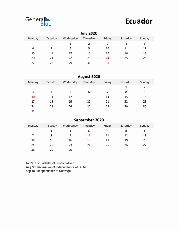 Printable Quarterly Calendar with Notes and Ecuador Holidays- Q3 of 2020