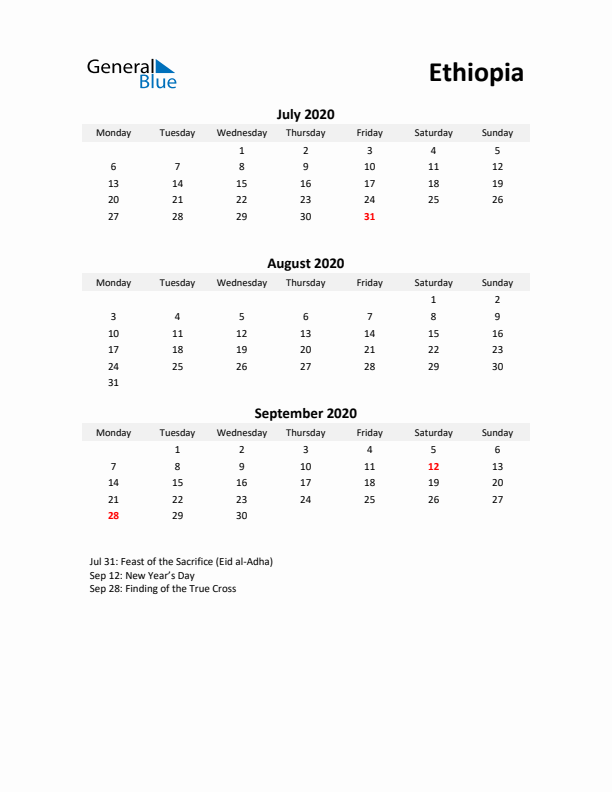 Printable Quarterly Calendar with Notes and Ethiopia Holidays- Q3 of 2020