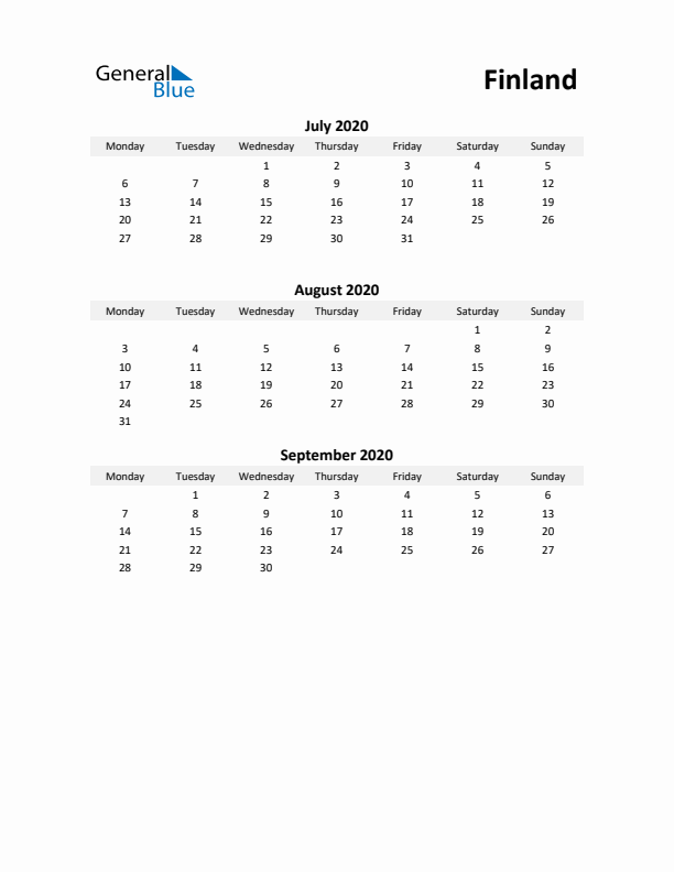 Printable Quarterly Calendar with Notes and Finland Holidays- Q3 of 2020