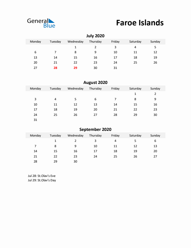 Printable Quarterly Calendar with Notes and Faroe Islands Holidays- Q3 of 2020