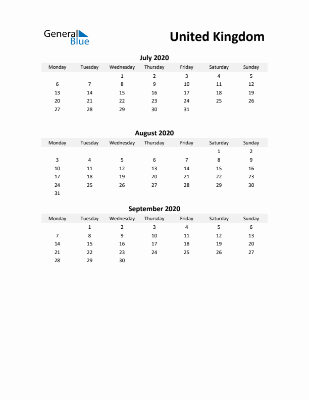 Printable Quarterly Calendar with Notes and United Kingdom Holidays- Q3 of 2020