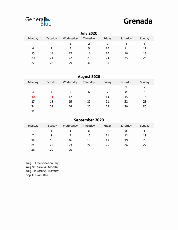 Printable Quarterly Calendar with Notes and Grenada Holidays- Q3 of 2020