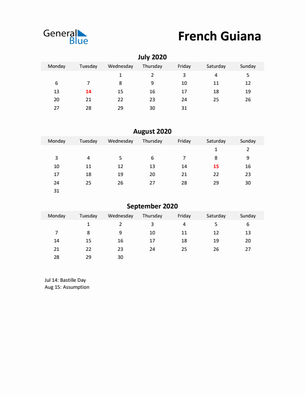 Printable Quarterly Calendar with Notes and French Guiana Holidays- Q3 of 2020