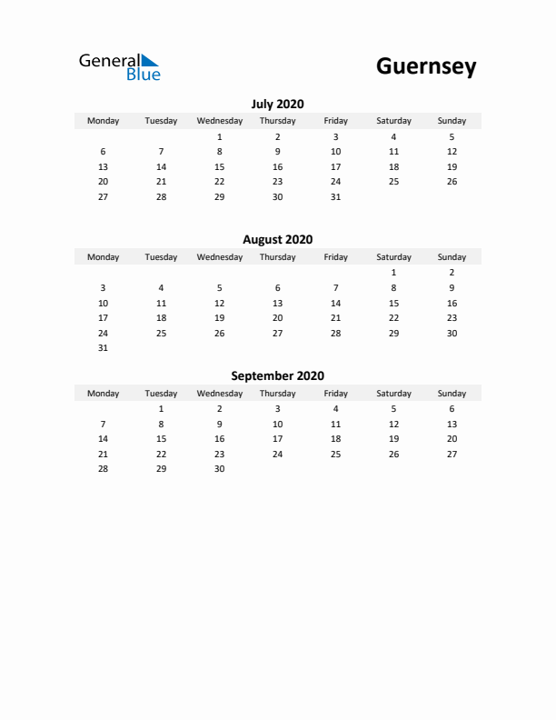 Printable Quarterly Calendar with Notes and Guernsey Holidays- Q3 of 2020