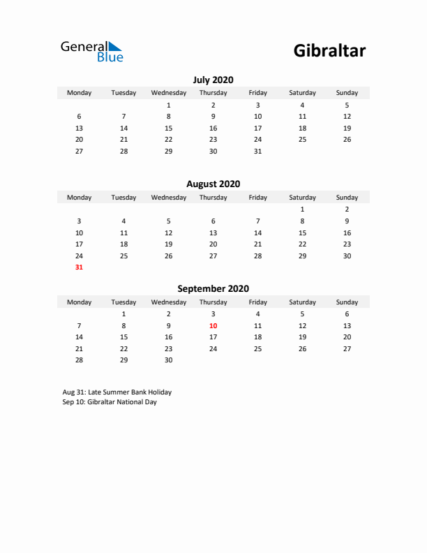 Printable Quarterly Calendar with Notes and Gibraltar Holidays- Q3 of 2020