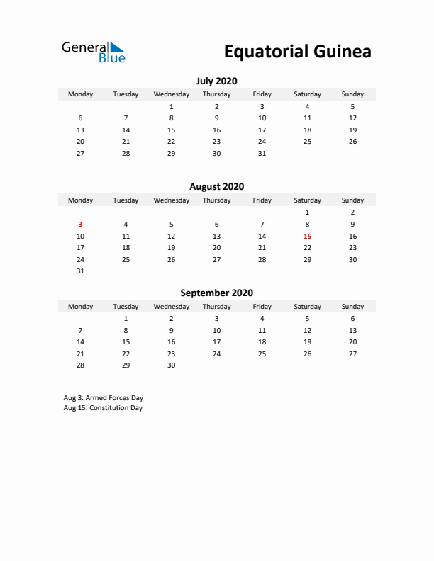 Printable Quarterly Calendar with Notes and Equatorial Guinea Holidays- Q3 of 2020