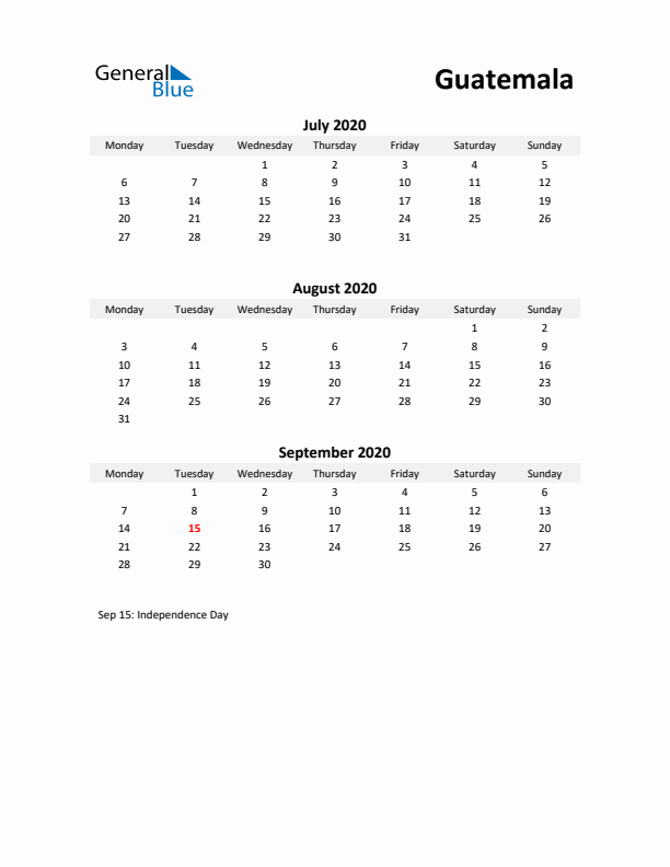 Printable Quarterly Calendar with Notes and Guatemala Holidays- Q3 of 2020