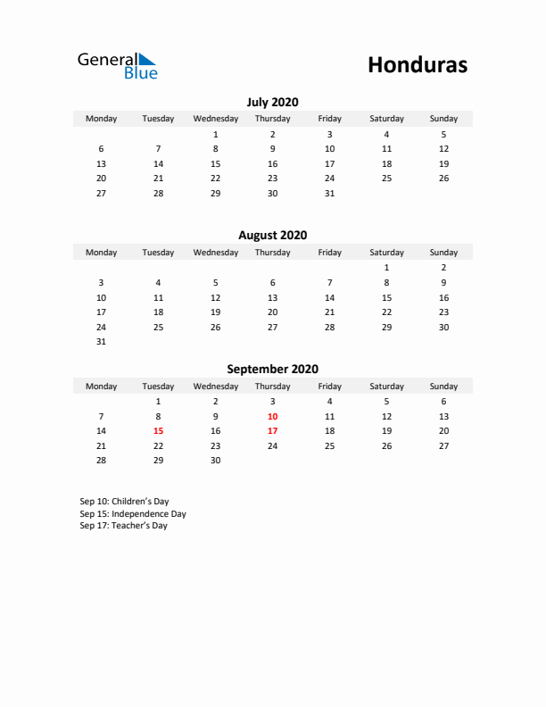 Printable Quarterly Calendar with Notes and Honduras Holidays- Q3 of 2020