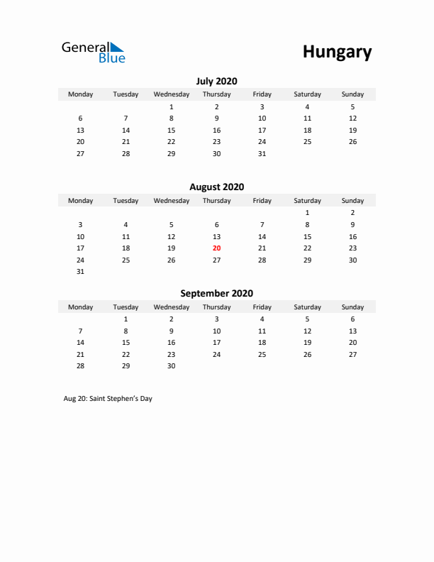 Printable Quarterly Calendar with Notes and Hungary Holidays- Q3 of 2020