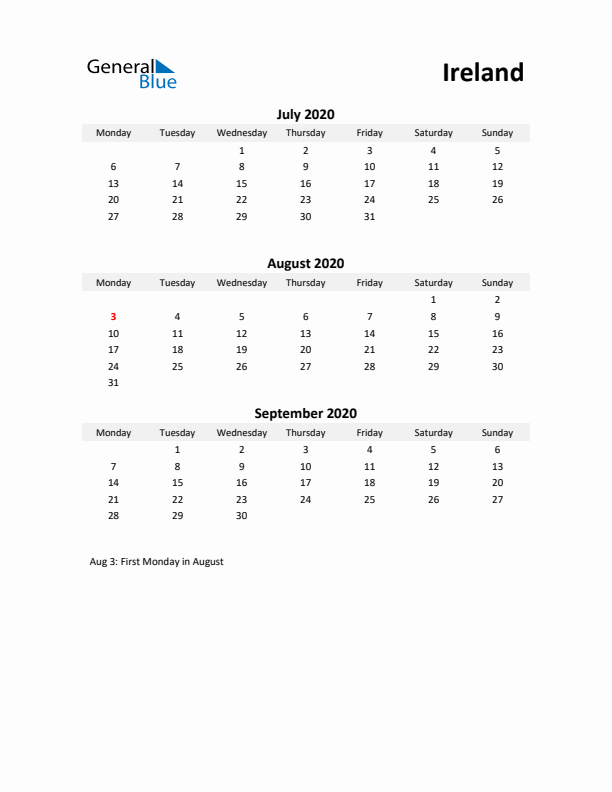 Printable Quarterly Calendar with Notes and Ireland Holidays- Q3 of 2020