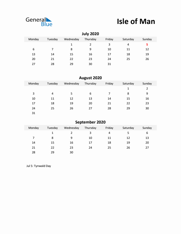 Printable Quarterly Calendar with Notes and Isle of Man Holidays- Q3 of 2020