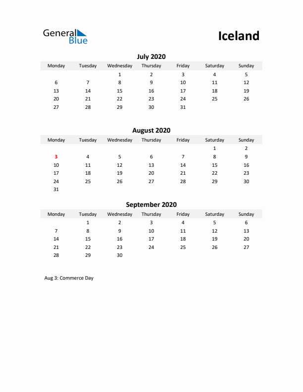 Printable Quarterly Calendar with Notes and Iceland Holidays- Q3 of 2020