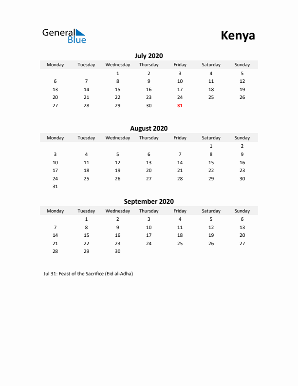 Printable Quarterly Calendar with Notes and Kenya Holidays- Q3 of 2020