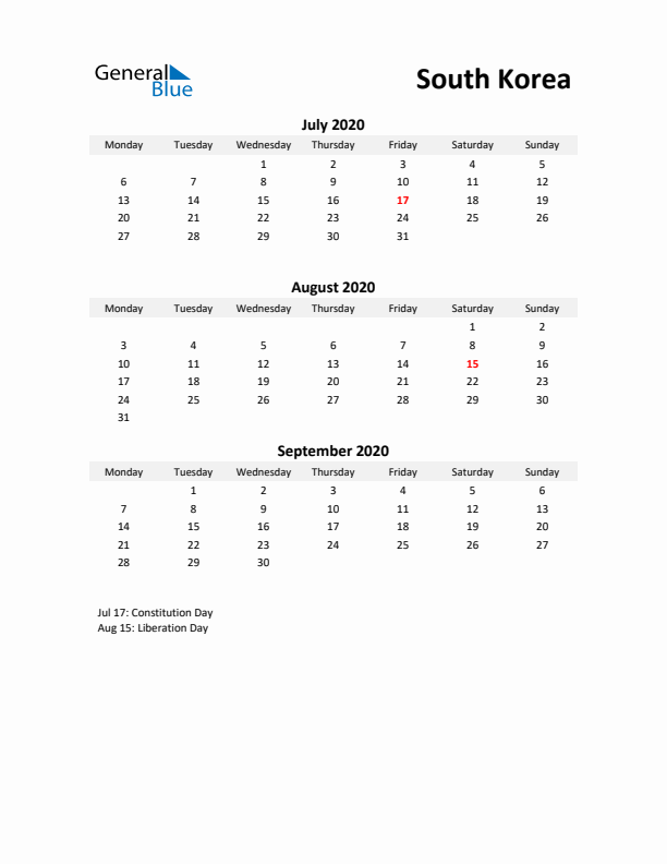 Printable Quarterly Calendar with Notes and South Korea Holidays- Q3 of 2020