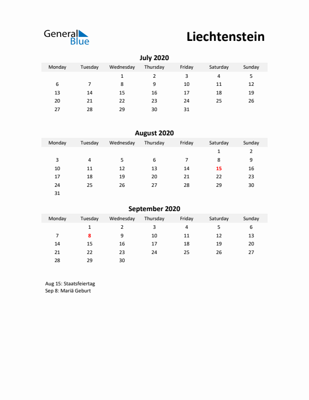 Printable Quarterly Calendar with Notes and Liechtenstein Holidays- Q3 of 2020