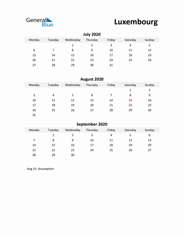 Printable Quarterly Calendar with Notes and Luxembourg Holidays- Q3 of 2020