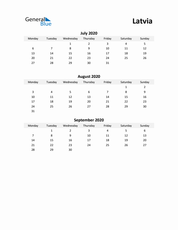 Printable Quarterly Calendar with Notes and Latvia Holidays- Q3 of 2020