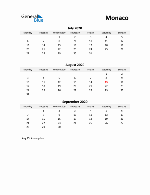 Printable Quarterly Calendar with Notes and Monaco Holidays- Q3 of 2020