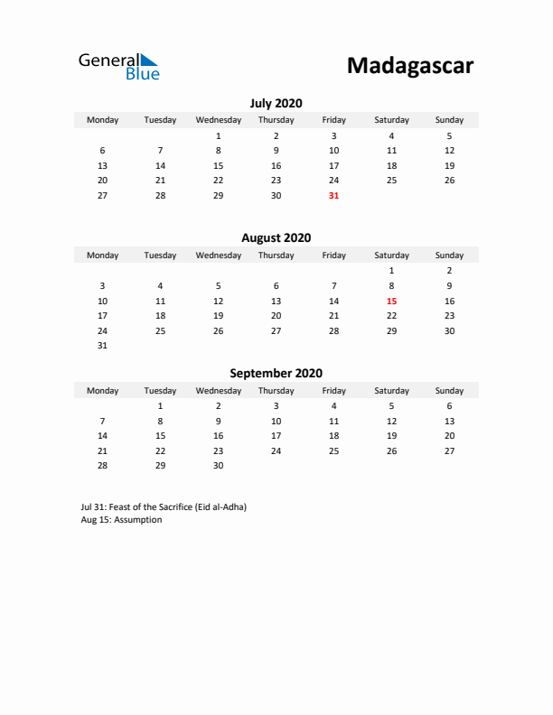 Printable Quarterly Calendar with Notes and Madagascar Holidays- Q3 of 2020