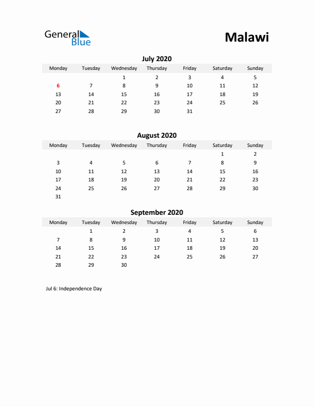 Printable Quarterly Calendar with Notes and Malawi Holidays- Q3 of 2020