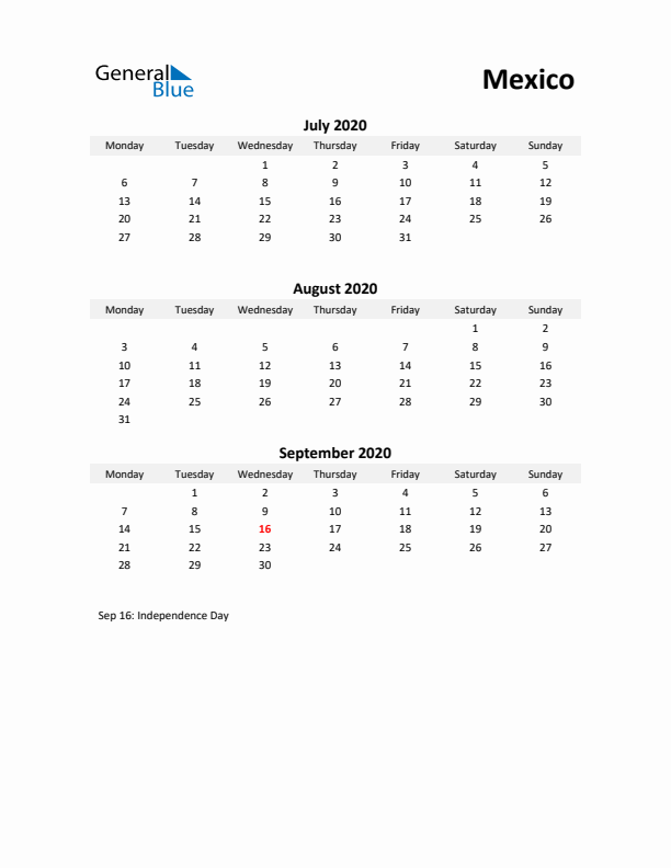 Printable Quarterly Calendar with Notes and Mexico Holidays- Q3 of 2020