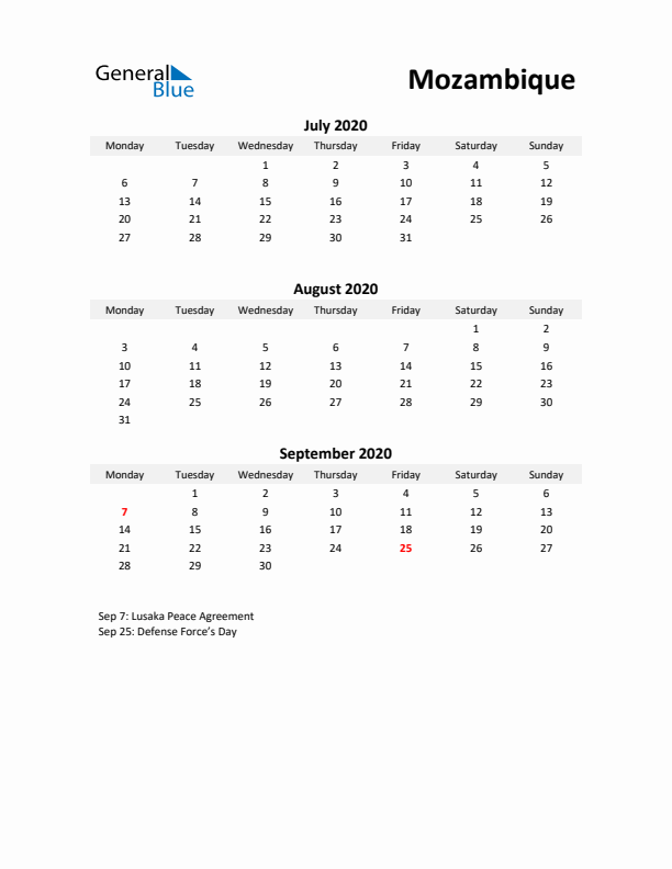 Printable Quarterly Calendar with Notes and Mozambique Holidays- Q3 of 2020