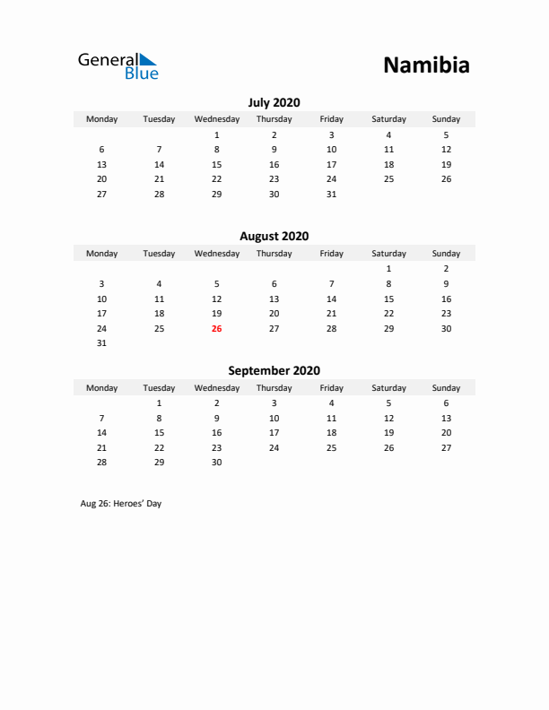 Printable Quarterly Calendar with Notes and Namibia Holidays- Q3 of 2020