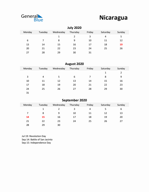 Printable Quarterly Calendar with Notes and Nicaragua Holidays- Q3 of 2020