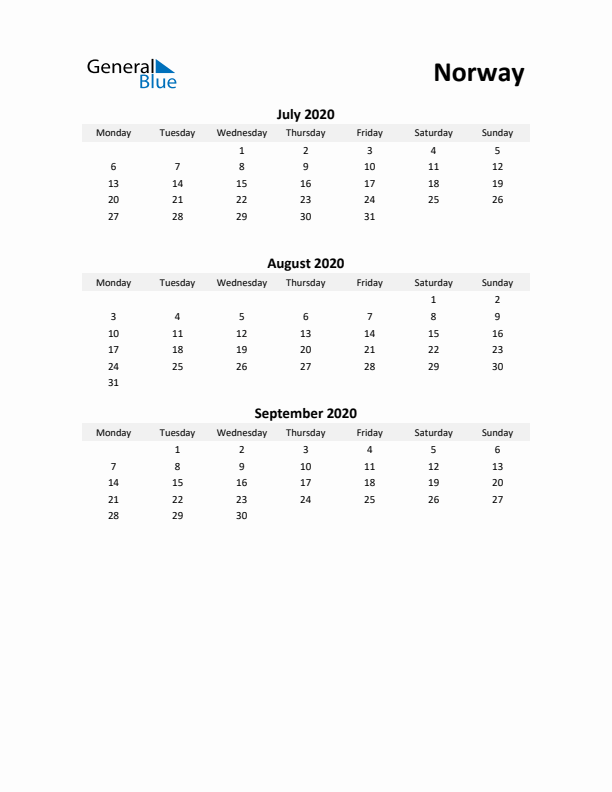 Printable Quarterly Calendar with Notes and Norway Holidays- Q3 of 2020