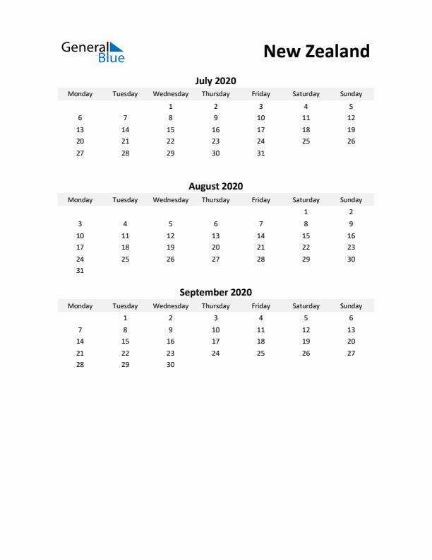 Printable Quarterly Calendar with Notes and New Zealand Holidays- Q3 of 2020