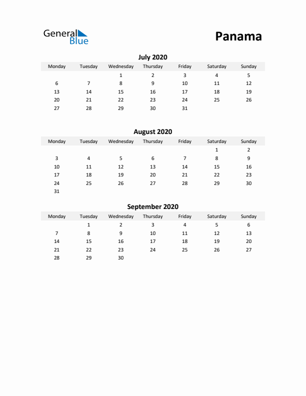 Printable Quarterly Calendar with Notes and Panama Holidays- Q3 of 2020