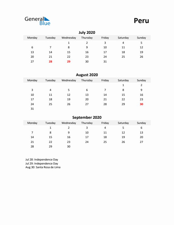 Printable Quarterly Calendar with Notes and Peru Holidays- Q3 of 2020