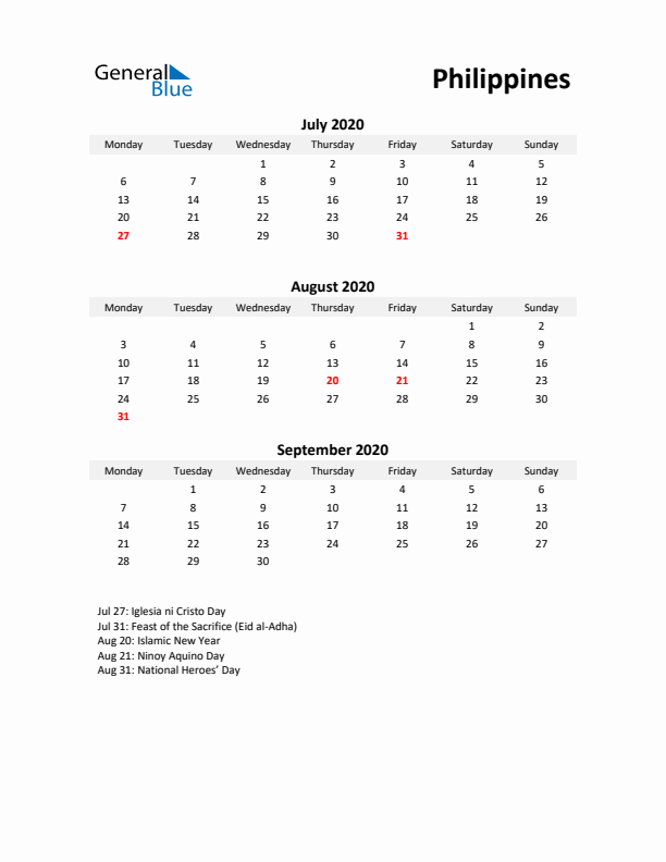 Printable Quarterly Calendar with Notes and Philippines Holidays- Q3 of 2020